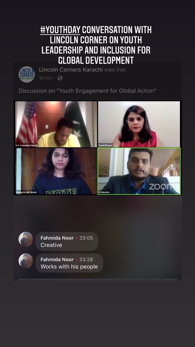 smalimustafa's tweet photo. Had Second conversation on #YouthDay with Lincoln Corners along with other youth leaders @shaheerajalil &amp; @sonal_dhanani. Had a dynamic discussion on inlcusion of youth for global development. #IYD2020 https://t.co/v5XaLNW6HY