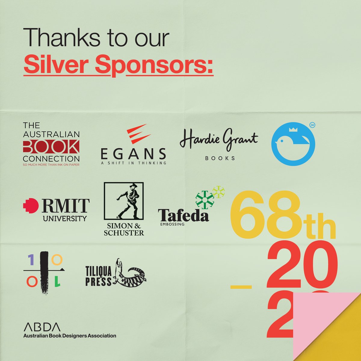 theABDA's tweet photo. And to our Silver Sponsors? Thank you! What a beautiful group #theAustralianBookConnection @EgansFurniture @HardieGrant @RMIT @SimonSchusterAU #Tafeda #1010printing @tiliquapress #ABDA2020Awards #BookDesignAwards 68th Australian Book Design Awards https://t.co/9TZBihWO7V