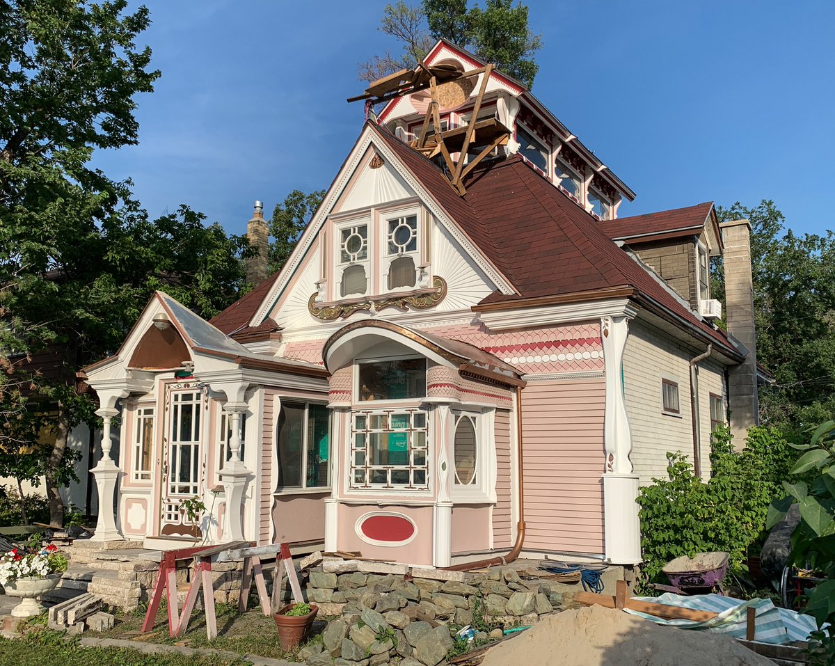 Something special happening on Henderson in Elmwood. A talented carpenter is bringing the lost Queen Anne style splendour back to his mother’s home, built in 1913. The details were removed and bricked over in the 1950’s. All hand built woodwork. Amazing.