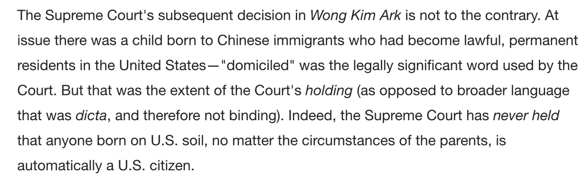 So Eastman is embracing dicta in one case, and ignoring critical clarifying material in the other. That's sloppy scholarship by any standard. Moving on, Eastman attempts - badly - to distinguish Wong Kim Ark. But he has to try to pull a fast one to do it.Can you spot it?