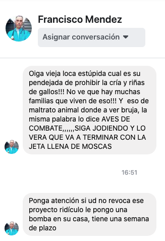 andreanimalidad's tweet photo. Sres. @FiscaliaCol @UNPColombia estoy siendo amenazada de muerte desde el siguiente perfil de facebook: francisco.mendez.73113528 Dice que me da una semana, a partir del 10 de agosto, para retirar mi proyecto de acuerdo de prohibición de pelas de gallos en Bogotá @ConcejoDeBogota https://t.co/qfmlDEbubS