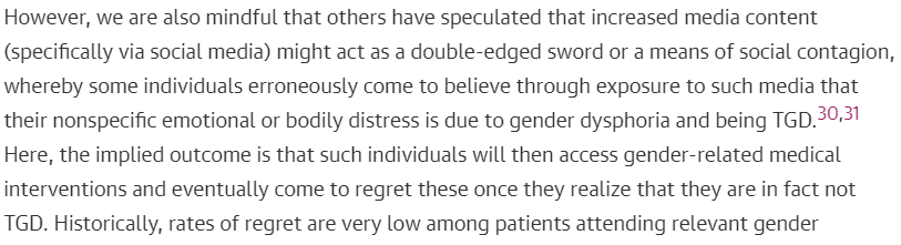 They cite historic low rates of treatment regret (without noting reasons for scepticism, eg failure to track down many former patients). But, for a gender affirmation paper, there's an unusually neutral acknowledgment of the social contagion risk raised by their critics.