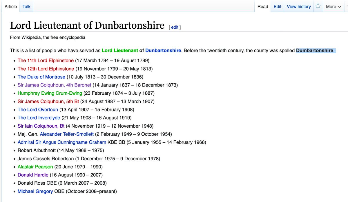 Can wikipedia help us out? Is there a list?(You'd better believe this exercise would not have taken place had there not been a list.)Yes. There is a list. It has dates. We can throw that into a spreadsheet and separate out the distinct values. https://en.wikipedia.org/wiki/Lord_Lieutenant_of_Dunbartonshire