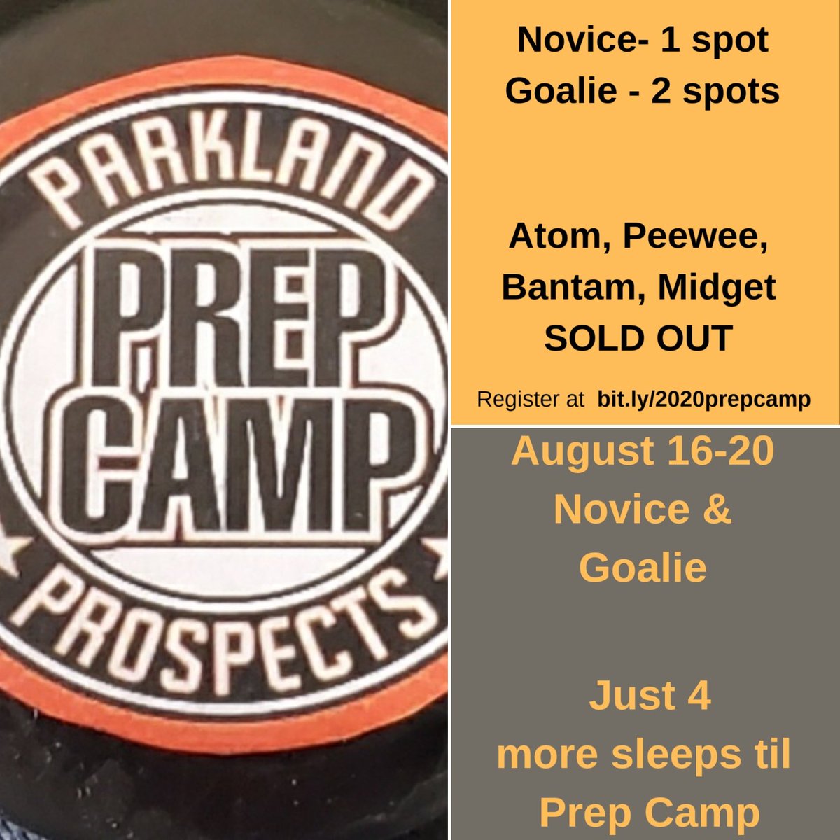 ProspectsPrep's tweet image. It's getting closer!

Just 1 Novice &amp;amp; 2 Goalie spots our Parkland Prospects Prep Camp.

All registrants will get an email on Friday outlining camp info including our Covid 19 protocols.

Reminder that the Camp starts SUNDAY.

bit.ly/2020prepcamp 

m.facebook.com/story.php?stor…