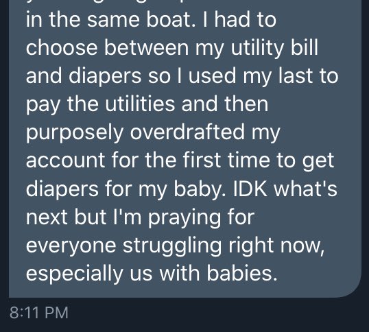 This one from the DMs. Woman with an infant torn between paying her utility bill and for his diapers. Sharing with her permission