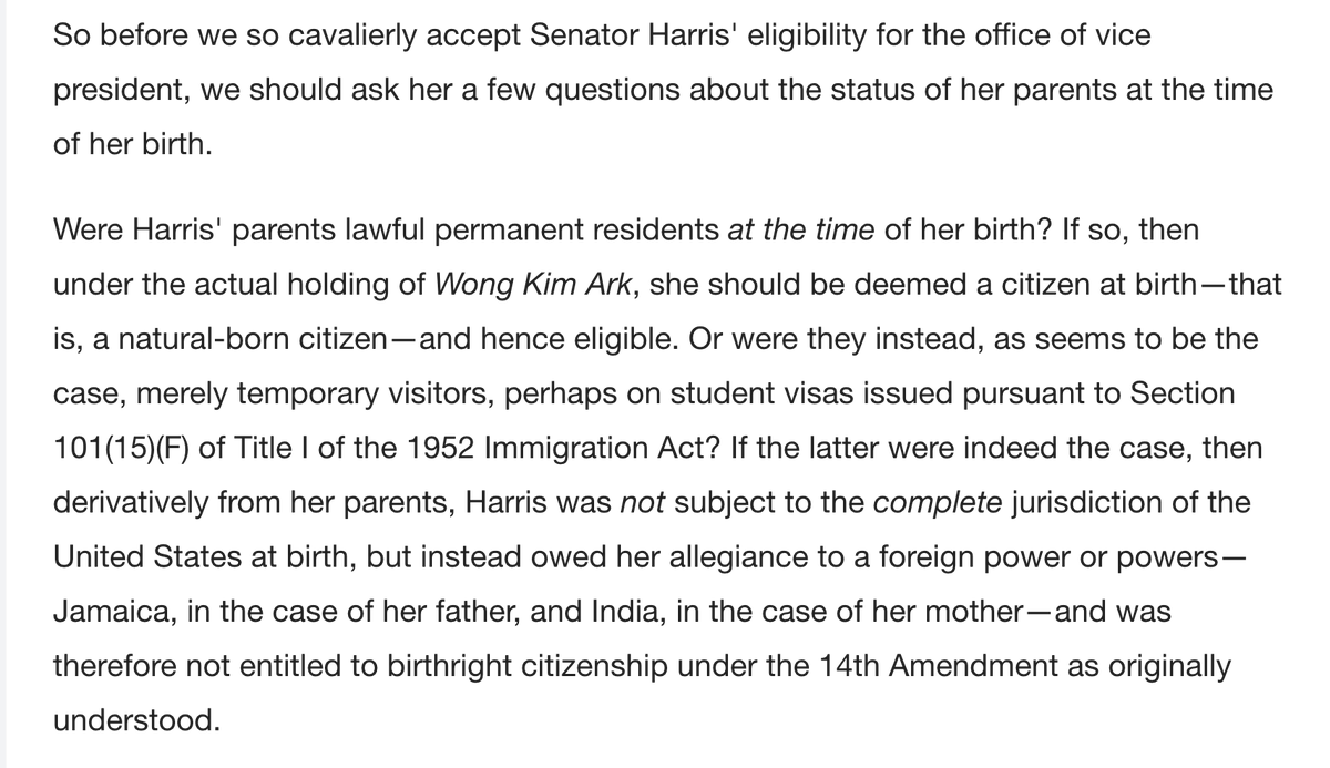 Yet Eastman takes this very specific legal status, which did not exist at the time of the Wong Kim Ark decision, and pretends that it's somehow determinative of Kamala Harris's claim to citizenship.