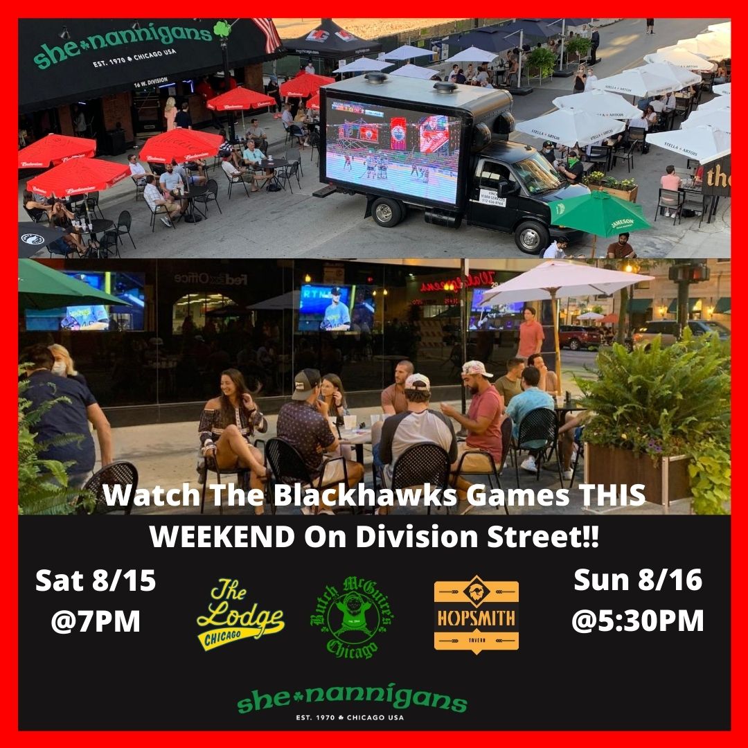 Planning on where to go for this weekend's Blackhawk games!?  Division Street is the place to be! With our huge TV truck &amp; window TV displays, you'll catch all the action! #LMGChicago <a href="/Lodgetavern/">The Lodge</a> <a href="/Shenanniganshob/">She-nannigans</a> <a href="/BigOnionInc/">Big Onion Hospitality</a> <a href="/Hopsmithchicago/">Hopsmith</a> <a href="/ButchMcGuires/">Butch McGuire's</a> <a href="/NHLBlackhawks/">Chicago Blackhawks</a>