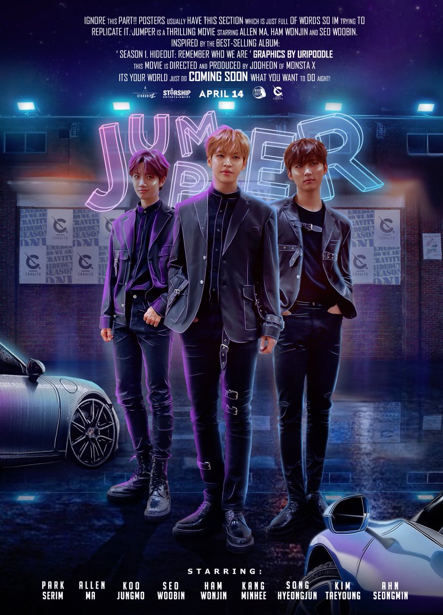 uripoodle's tweet photo. ‘JUMPER’ as a 𝘔𝘖𝘝𝘐𝘌 𝘗𝘖𝘚𝘛𝘌𝘙

Starring : Allen Ma, Seo Woobin and Ham Wonjin 

@CRAVITYstarship @CRAVITY_twt #CRAVITY #크래비티 
#앨런 #우빈 #원진 https://t.co/qlyB5zzIhA