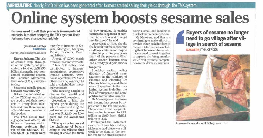 SCL_Commodities's tweet image. Online Trading System boosts sesame sales @gadiosa2 @TheCitizenTZ 

THE CITIZEN 13 Aug 2020 | Page 5
