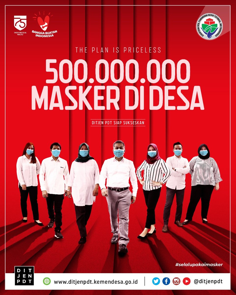 MasayuNila's tweet photo. The Plan is Priceless.

500.000.000 Masker di Desa, Ditjen PDT Siap Sukseskan!!

#KemendesaPDTT
#DitjenPDT
#MaskerisasiDesa
#PadatKaryaTunaiDesa
#HUTRI75
#IndonesiaMaju
#SelaluPakaiMasker https://t.co/TV3zBprYd0