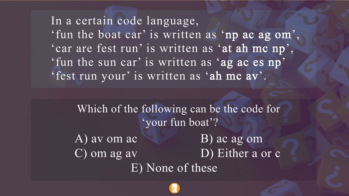 kopykitab's tweet image. Can you answer this #CodeDecode ?? 

#puzzles #PuzzlePage #QuestionOfTheDay #koykitab