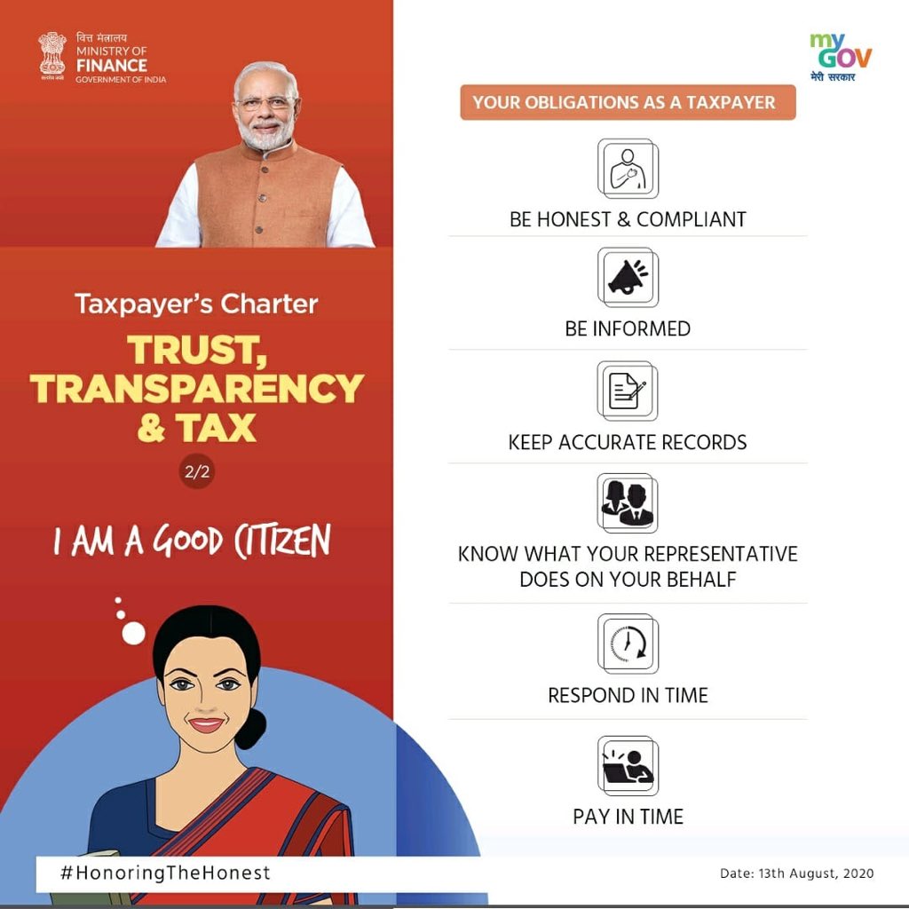 Along with listing the commitments made to the taxpayer, the #TaxpayersCharter also highlights the obligations associated with these commitments. #HonoringTheHonest
@narendramodi @PMOIndia @nsitharamanoffc