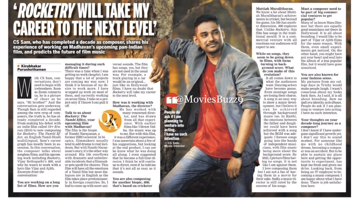 MoviesBuzz9's tweet photo. As @SamCSmusic completes his ten years in Tamil cinema as a composer, He talks 
about his decade-long journey, future of music in Tamil cinema, @ActorMadhavan's #RocketryTheNambiEffect, @VijaySethuOffl's #800 &amp; more.

#SamCS #10YearsOfSamCS https://t.co/xiAz8nvRB4