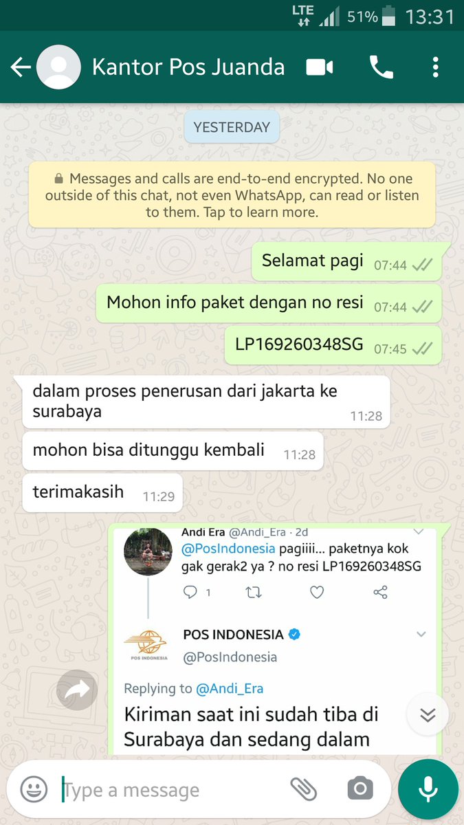Andi_Era's tweet photo. @PosIndonesia Balasan dari kantor pos juanda surabaya, kacau nih gak sama jawabannya https://t.co/yR1Aff4KWY