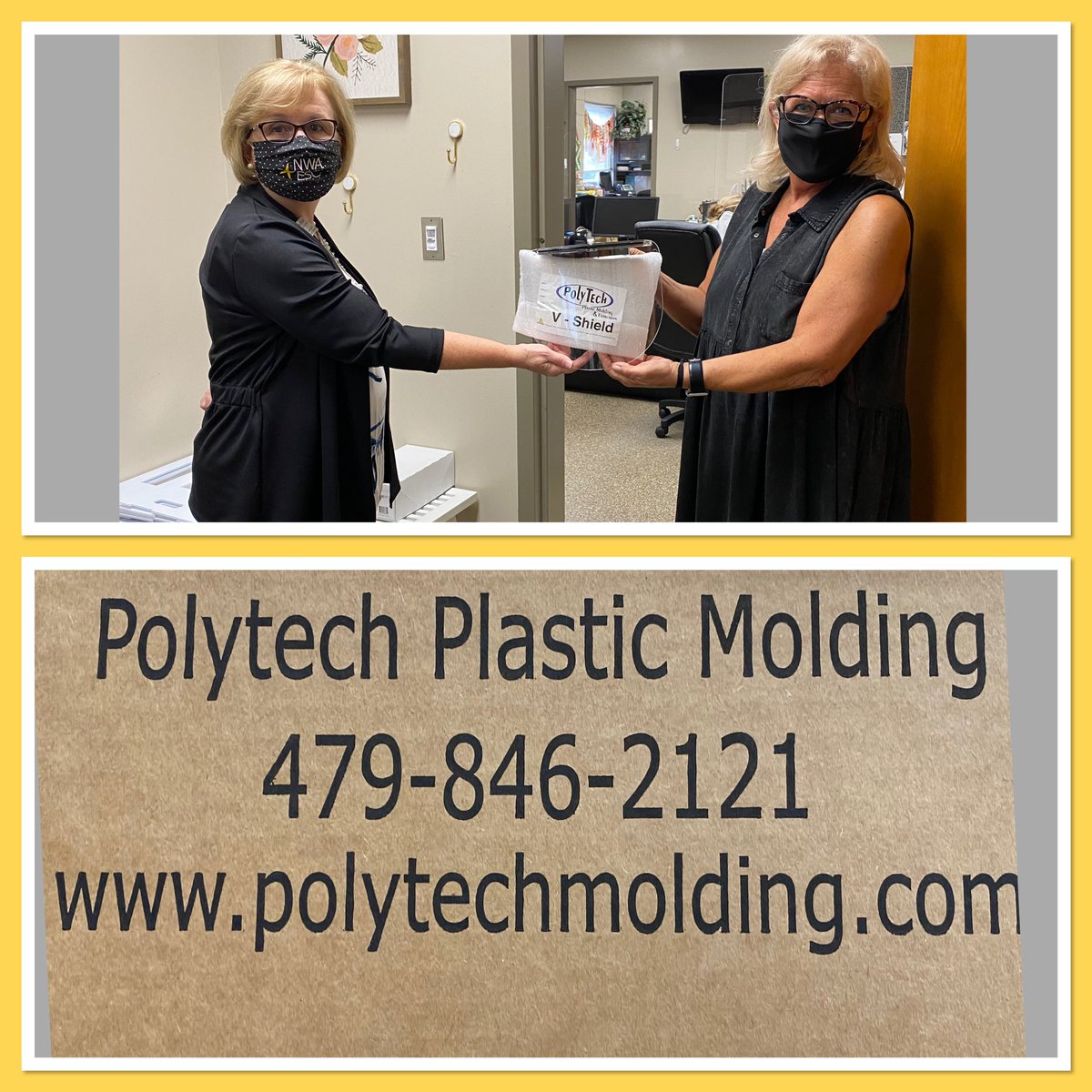 NWAESC's tweet photo. Prairie Grove Elementary’s plastic face shields provided by local Polytech. Shown here is Principal Becky Ramsey.  @pgschools  @MalloryAlderson #SafetyFirst https://t.co/ZLTf3Wn1Ud