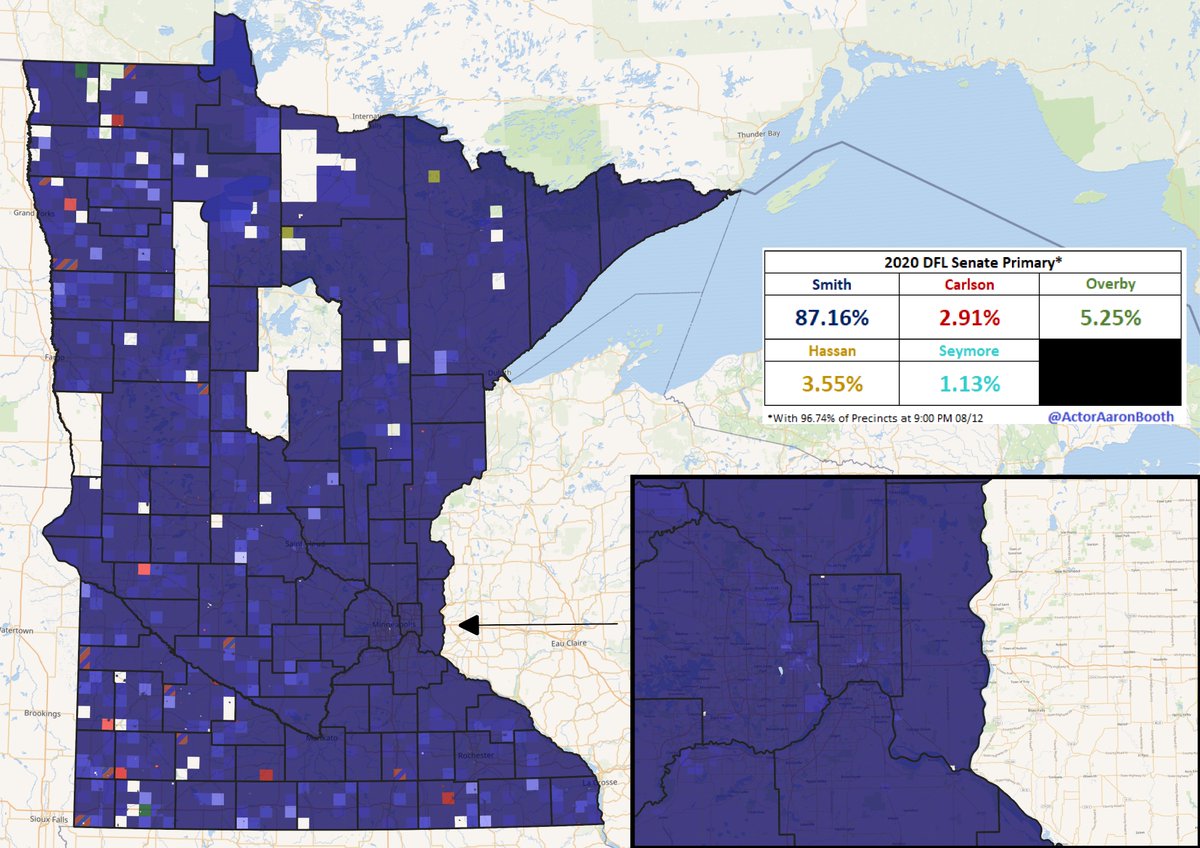 Continuing this thread: here is what has reported thus far for the DFL Senate primary. Smith didn't quite get Klobuchar's 2018 primary margin, but she well outperformed her own primary from 2018. Still missing all of Wilkin and Clearwater along with almost all of Cass.  #MNPol