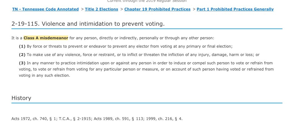  #Tennessee - where "camping" on state property by  #BLM protesters will now be a felony under just-passed legislation. But use of violence or intimidation to prevent a person from voting is Class A misdemeanor.