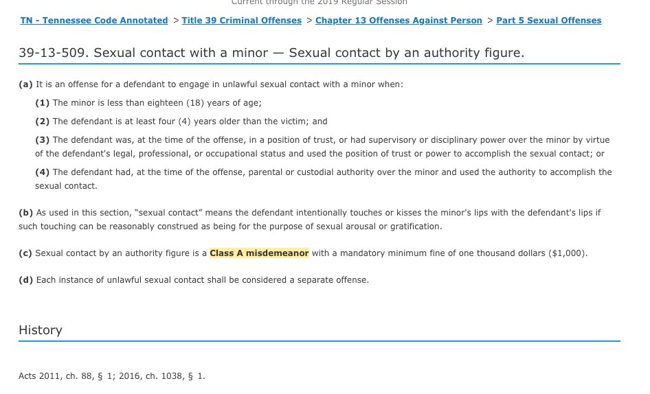 Other crimes deemed by  #Tennessee lawmakers to be less serious than  #BLM protesters camping on state property: sexual contact with a minor by an authority figure.