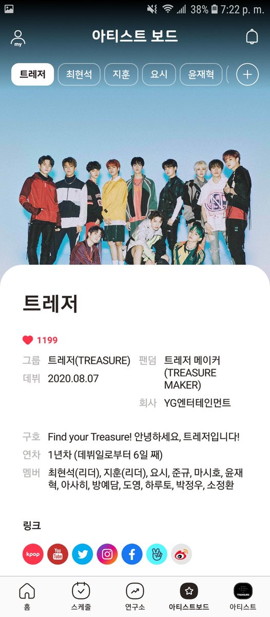 Now, the 4th page is Artist Board, here you see the general info of the boys and you can filter by member  @treasuremembers  #트레저  #TREASURE