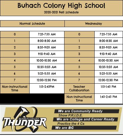 Here is your online school bell schedule Thunder! See you on August 19th!!! ⚡️⚡️#BuhachPride #RollThunder