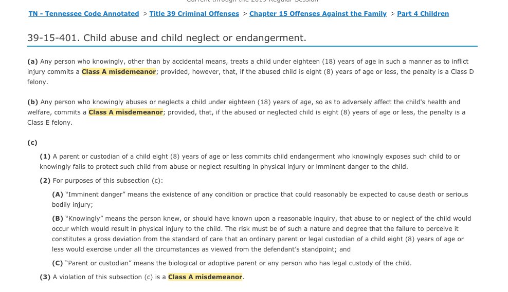 Now deemed to be less serious in  #Tennessee than  #BLM camping on state property will be child abuse and neglect, as long as the victim is 9 years or older.