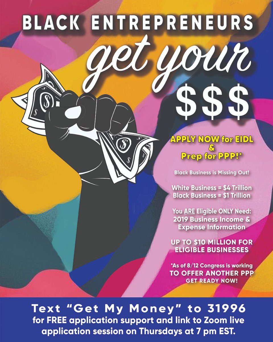 rockitwithjbird's tweet photo. @blkcreatives would you be open to share this? Would love to talk about partnering ❤️🌱💵APPLY NOW for EIDL &amp; Prep for PPP! Need support applying? Join LIVE application Zoom session TOMORROW, Thursday 8/13 @ 7pm EST, just text “Get My Money” to 31996! #BlackBusiness #BlackOwned https://t.co/06jOvnqX3h