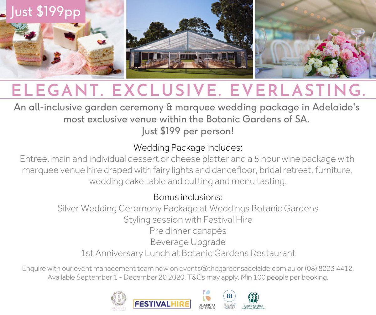 BotGardensSA's tweet photo. Say 'I do' at #Adelaide, #Wittunga or #MountLoftyBotanicGarden with Weddings Botanic Gardens ❤️

💍 Just $199 per person!
💍 All inclusive package
💍 New and exclusive marquee reception
💍 Award-winning catering
💍 Spectacular views

Find out more >> https://t.co/VKc0OrVbEu https://t.co/cYjwqEFjJp