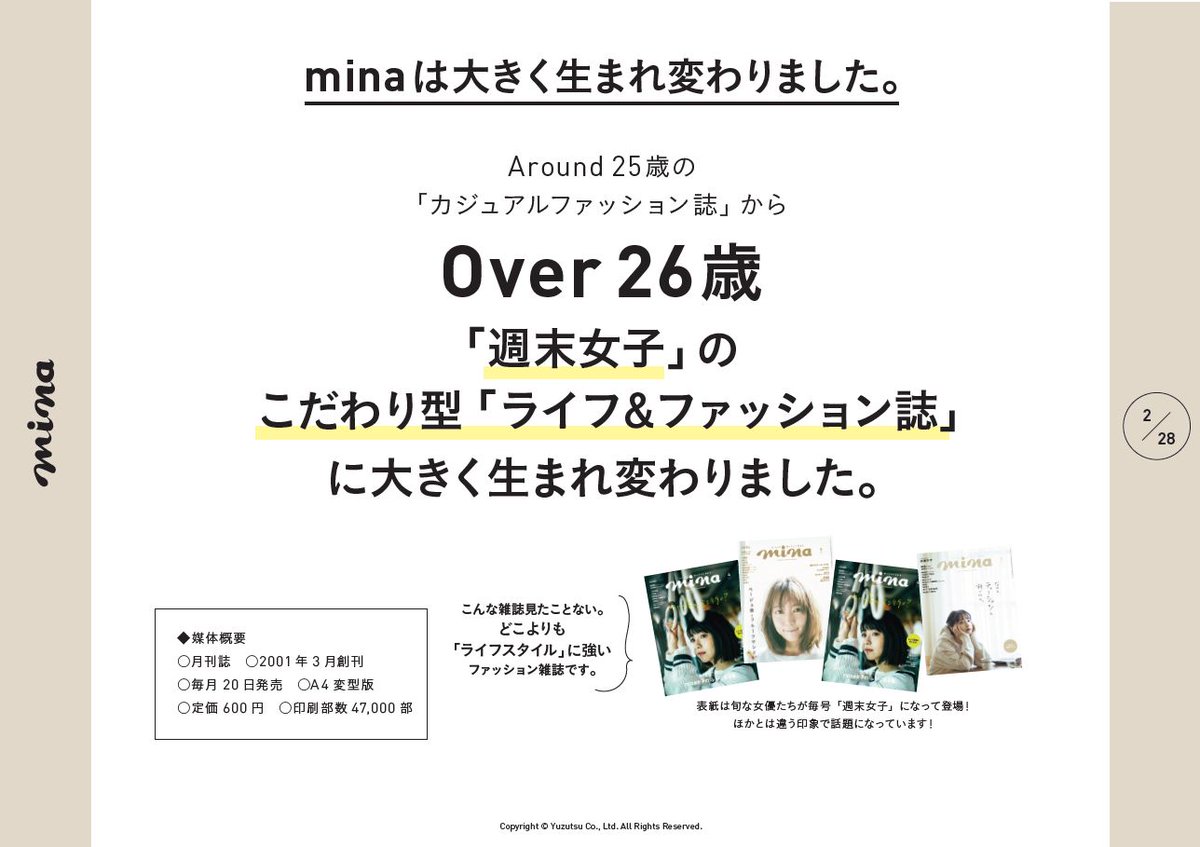 菅原大介 リサーチャー Mina の神誌面ぶりがわかる媒体資料 T Co Whngd3mofg Over26歳 ライフスタイルにこだわり有 週末女子 自分のこだわりを出せる時間 読者像 優先順位は食住衣 女性誌は25歳27歳設定が多いけど 信念の26歳設定