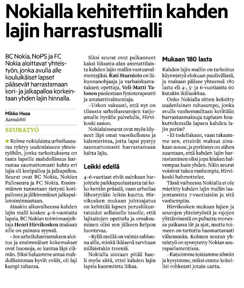 LaitinenArja's tweet photo. Koripalloa ja jalkapalloa 🏀⚽️ voi nyt harrastaa Nokialla yhden lajin hinnalla. Leikki edellä, lapsia uuvuttamatta ja hyviä liikuntakokemuksia luoden. Mahtava avaus @BCNokia #fcnokia #nokianpalloseura #nokiankaupunki #koripallo #jalkapallo @Ylivoimapelaaja https://t.co/jxC3yIDNNX