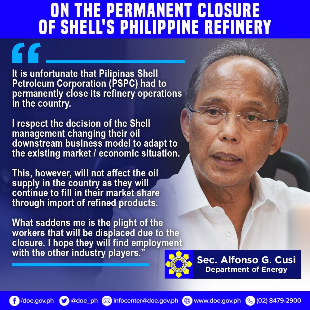 DOEgovph's tweet photo. READ: Statement of DOE Sec. Alfonso G. Cusi on the Permanent Closure of Shell's Philippine Refinery

###

#DOEPH 🇵🇭 
#EPowerMo 
#ESafety 
#ESecure 
#EDiskarte 
#Ambisyon2040 https://t.co/XiFDaowDz3