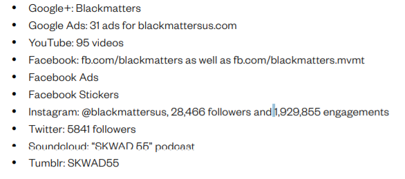 The IRA launched Black Matters (Initially called BM) on June 8th 2015. It wasn't limited to FB but extended to all facets of social media (see pic)(31)