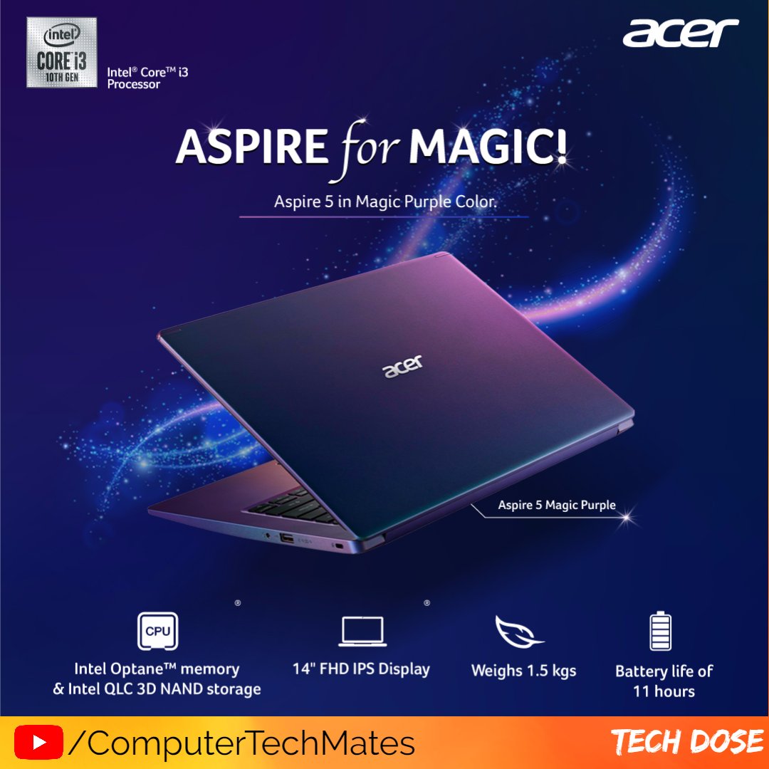 Tecmates's tweet image. Acer Aspire 5 Magic Purple Edition Laptop with 10th-Gen i3 Processor Launched in India... #TechDose #technology #Computertechmates #computer #acer #story #YouTuber #tech #Intel #Laptop #technews #techupdates #weeklytechnews #instantupdates