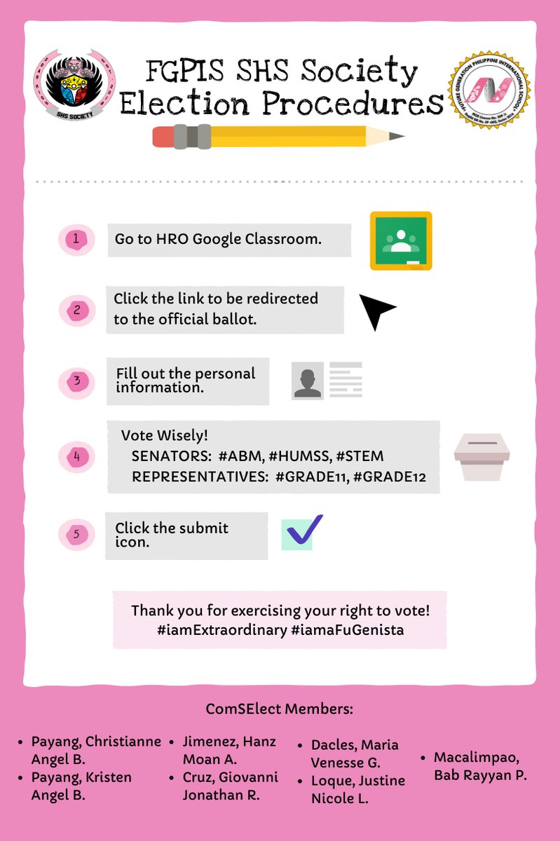 FuGenSHSSociety's tweet photo. Mapia Mapita, FuGenistas!
It's the big day! Who will you vote for? Don't forget to log-in to your HRO classes for instructions.
From your Committee on Student Elections, please remember to vote wisely!
#iamextraordinary #iamaFuGenista #iwillVoteWisely https://t.co/3Slo6MDxSW