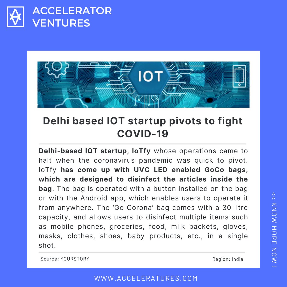 AccelVentures's tweet photo. #Delhi based #IOT #startup pivots to fight #COVID19

#IoTfy has come up with UVC LED enabled GoCo bags, which are designed to disinfect the articles inside the bag. 

#newnormal #India #healthtech 

Source: YOURSTORY

Know more at: https://t.co/zwrthvCBbL https://t.co/zob9WRQ6mS