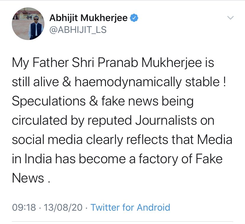 What a shame <a href="/sardesairajdeep/">Rajdeep Sardesai</a>. Spreading fake news about someone’s death and that too The Former President of India. And he calls himself a journalist. Wishing a speedy recovery and long life to Bharat Ratna Shri <a href="/CitiznMukherjee/">Pranab Mukherjee Legacy Foundation- PMLF</a>