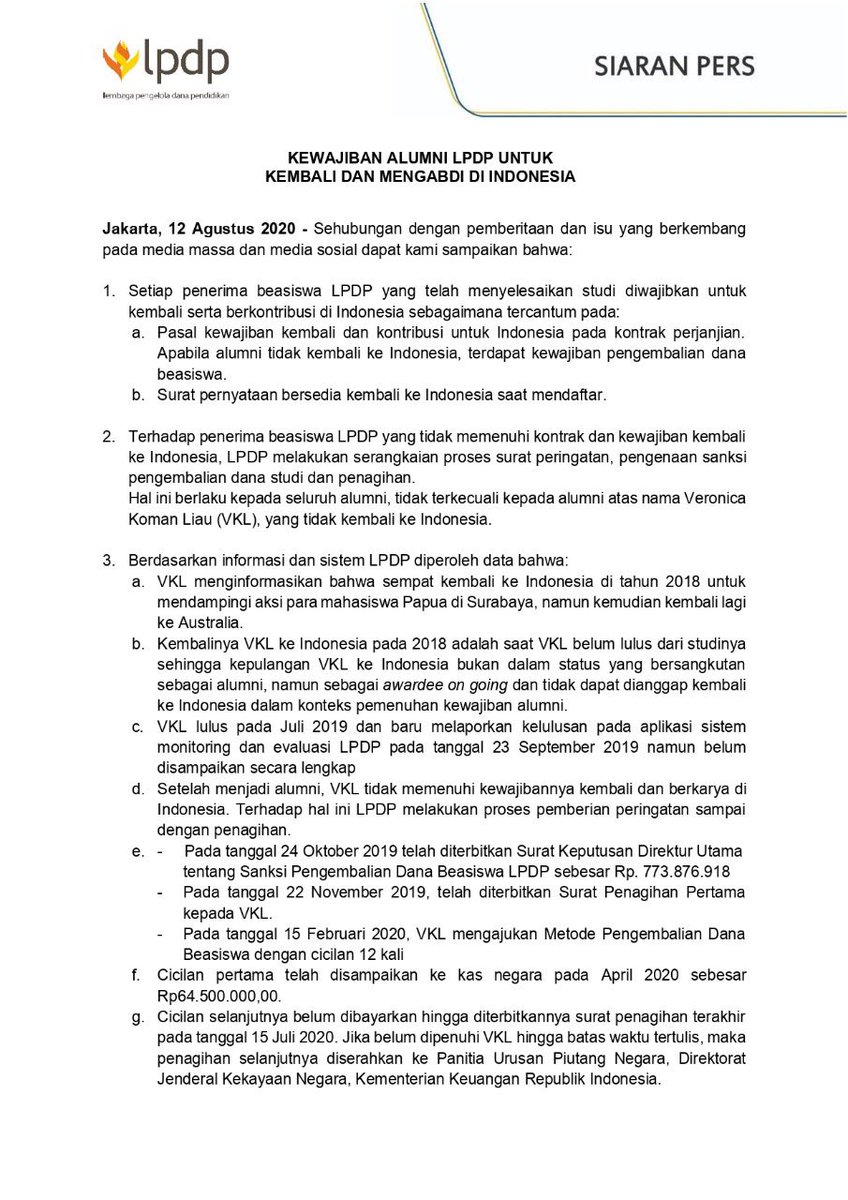yanuarnugroho's tweet photo. Berikut saya lampirkan penjelasan Lembaga Pengelola Dana Pendidikan (LPDP) @LPDP_RI terkait pemberitaan di media maupun media sosial mengenai sanksi finansial Victoria Koman Liau (VKL). Bagi saya ini sangat jelas. Semoga mendudukkan persoalannya secara memadai dan fair. https://t.co/lHlUv9EoTo