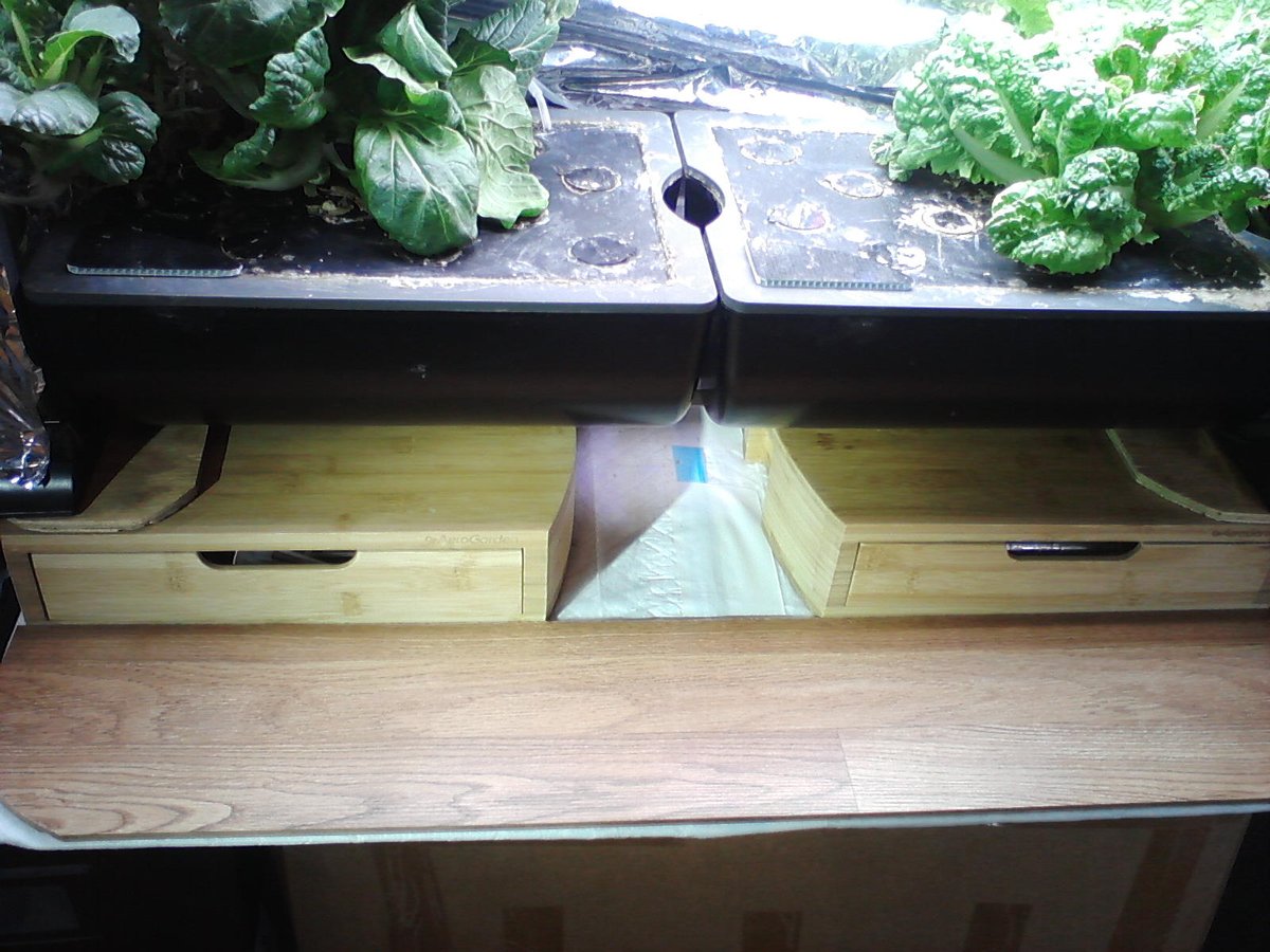 136) Ha! Had to share this. It occurred to me that I might be able to mount an  #Aerogarden Farm (in this case FarmPlus) on a couple of their bamboo storage drawers. So, I did it t'nite.Keeping Farm's weight on far edges of the drawers, by golly, I think it'll work. We'll see..