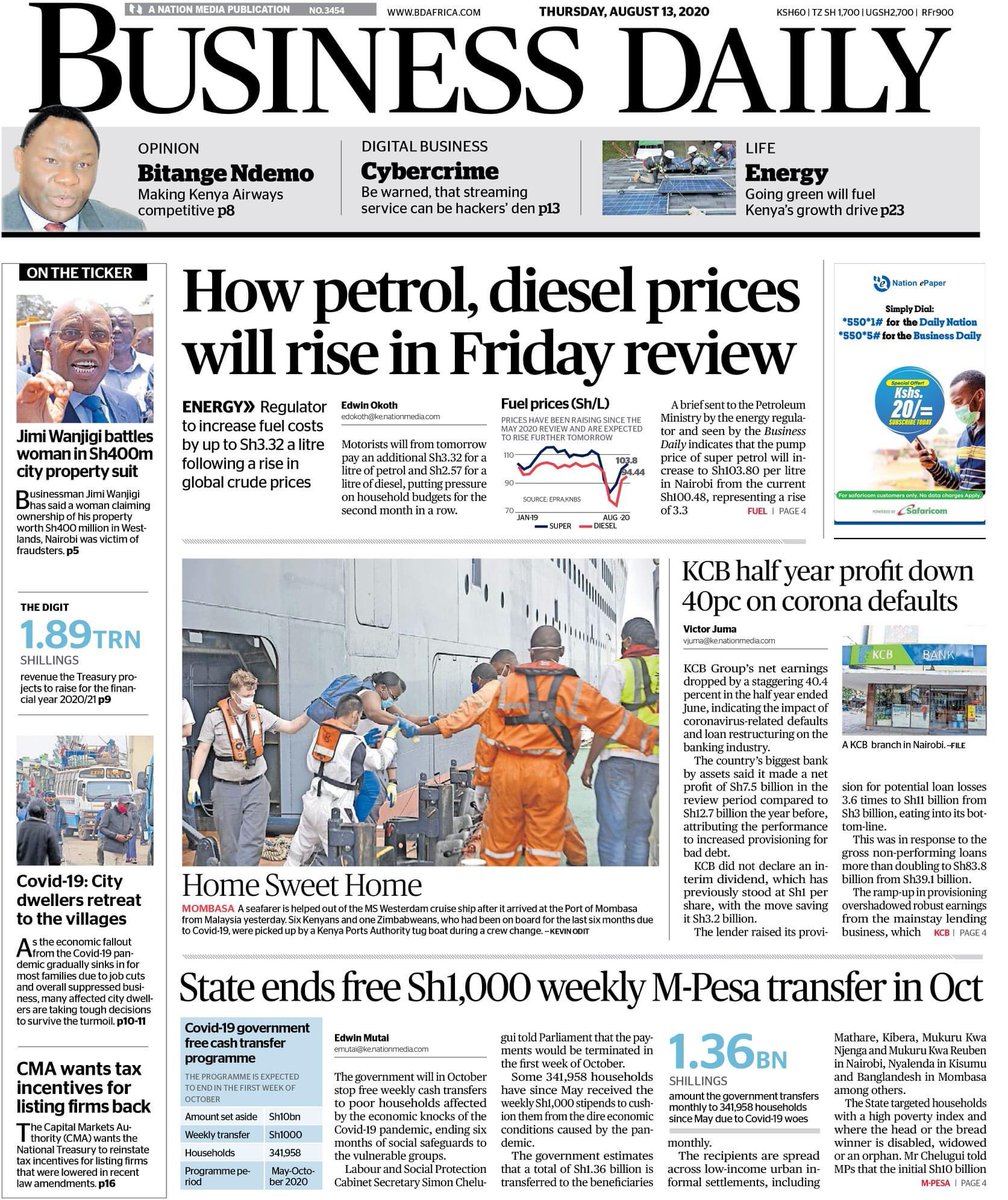 myshey1's tweet photo. #KenyaAirwaysExposed Cost of living expected to continue rising in the last few months of this year.
Petrol prices to be reviewed upward this week.
Mpesa 1000 bob free charges end in Oct.State need some income and life has to go back to normal. Brace yourselves! https://t.co/0nAcbS5AWG