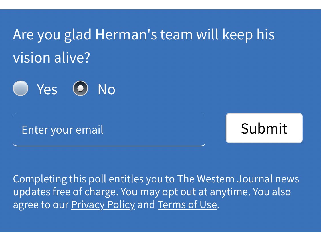 KrisSigurdson's tweet photo. @maxfawcett If only this poll on his webpage wouldn’t entitle me to the Western Journal. https://t.co/dmFCeQGxAz