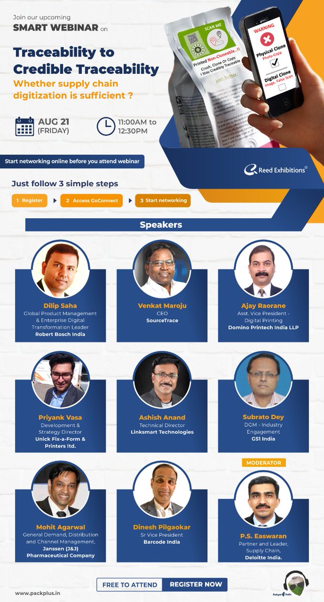 PackPlusExpo's tweet photo. Join the power packed SMART WEBINAR on Traceability to Credible Traceability - Whether supply chain digitization is sufficient? Hear from the experts. Network with industry peers through GoConnect 365

Register NOW for FREE and start Networking at https://t.co/JF6oSo5JRo https://t.co/qKQc42T29B