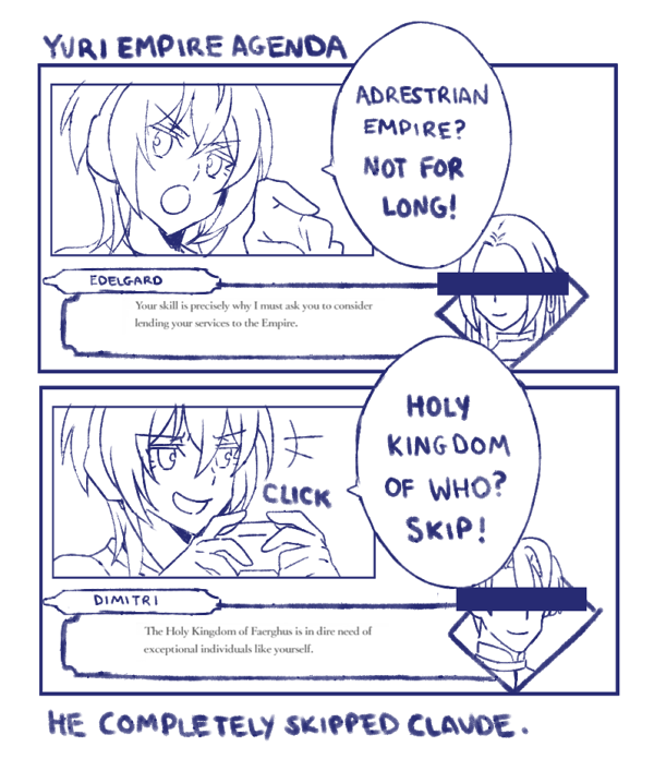 I had a lot of fun watching @KaggyFilms FE3H stream for Yuri's Birthday!
I did some draws of things I found really funny LOL