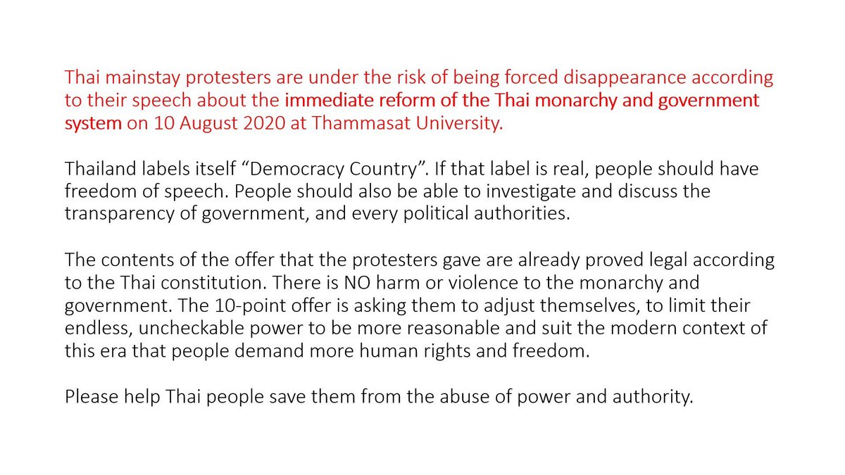 last night (12/08) the government tried to arrest 2 activists who spoke abt the truth in TH including the dictatorship, the abduction of activists, the monarchy, and so on. everything the activists said IS TRUE. THEY ARE TARGETTED BECAUSE THEY SPEAK UP THE TRUTH.