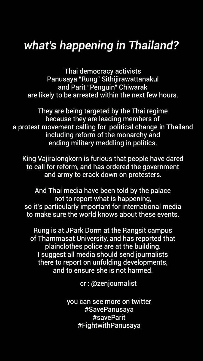 last night (12/08) the government tried to arrest 2 activists who spoke abt the truth in TH including the dictatorship, the abduction of activists, the monarchy, and so on. everything the activists said IS TRUE. THEY ARE TARGETTED BECAUSE THEY SPEAK UP THE TRUTH.