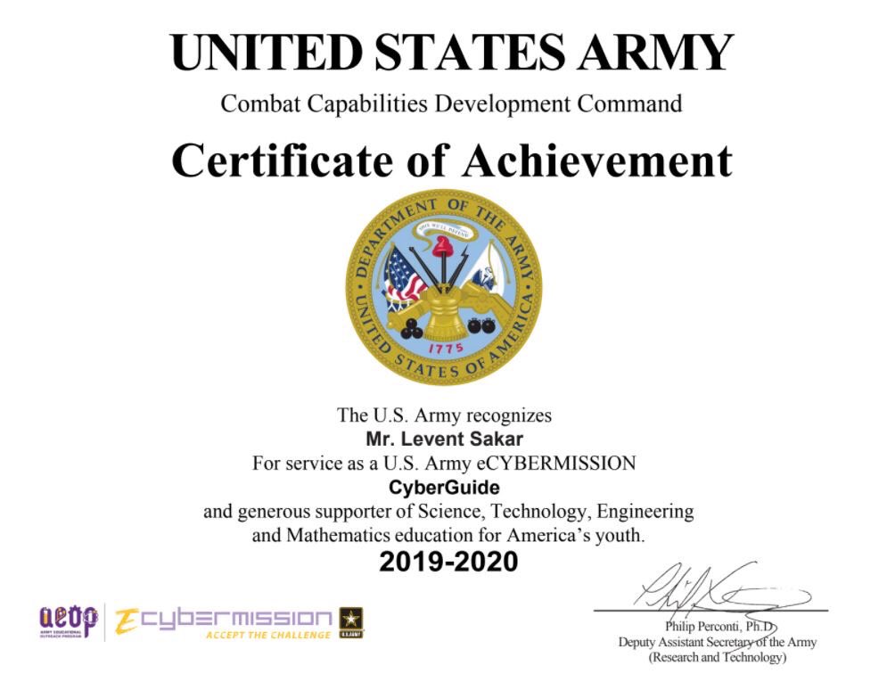 leventsakar's tweet photo. Just received two certificates of achievement and the letters from the U.S. Army. So proud to serve as an #Ambassador and #CyberGuide for the Army Educational Outreach Program (@USAEOP)’s #eCybermission event. 
#PBL 
#STEM 
#AEOP 
#Covid19 
#USArmy 
@NSTA @ecybermission https://t.co/RL4iCGWCJD