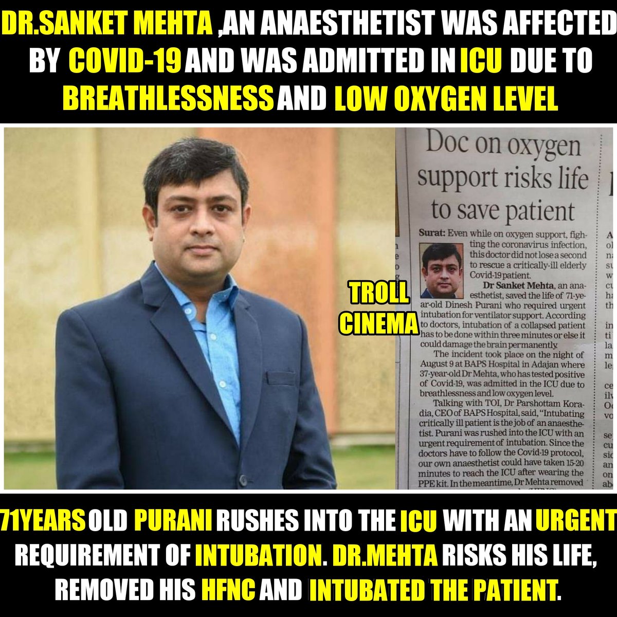 Troll_Cinema's tweet photo. A Big salute to this man ❤
#Gujarat #DrMehta #Surat #COVID19 https://t.co/FHnTCX5G7t