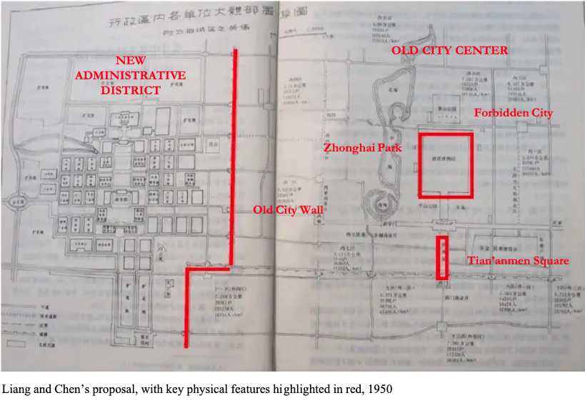 4/ Famed architect Liang Sicheng proposed a dual-center Beijing: one, the old city, then one of the best preserved ancient cities in the world; the other, a new administrative capital center, maintaining Beijing's heritage while bringing it into socialist modernity