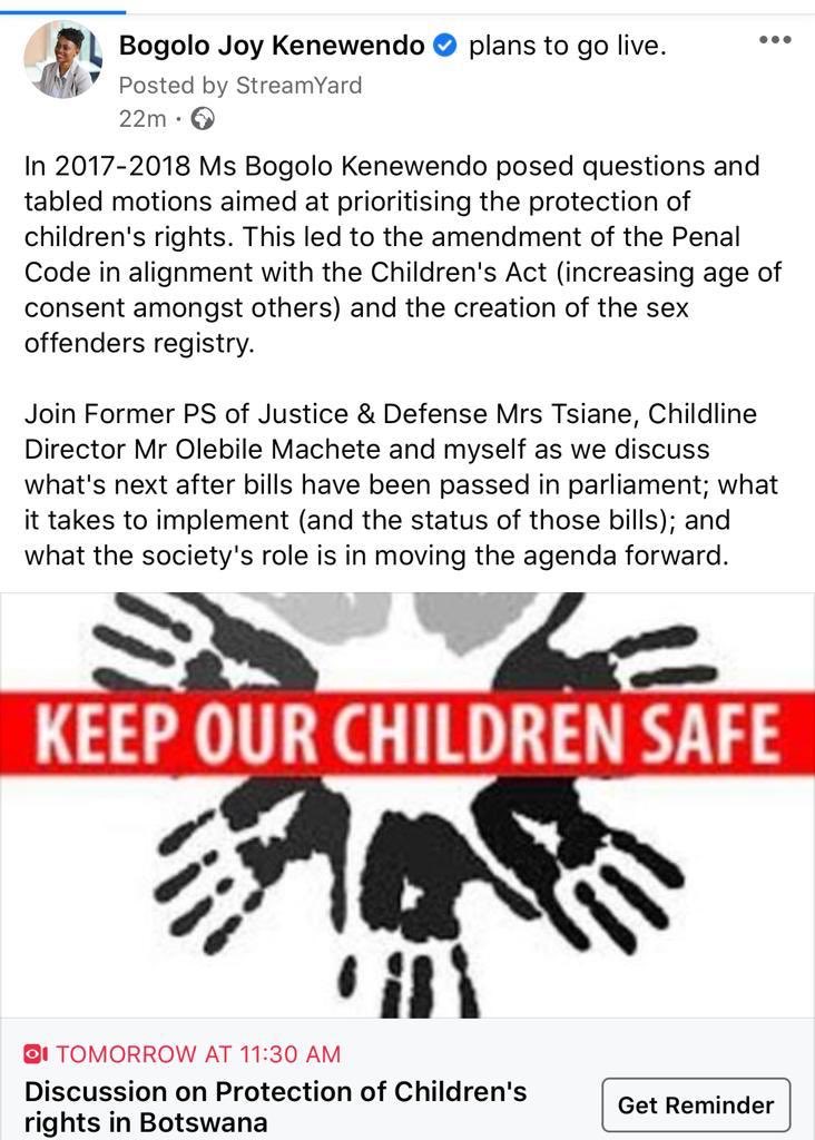 tshepanglerato's tweet photo. The conversation that needs to happen.

Join @BogoloKenewendo as she has a conversation with Former PS of Defence Segakweng Tsiane and Childline to discuss the amendment of the age of consent to 18. https://t.co/tWxexvTDjN