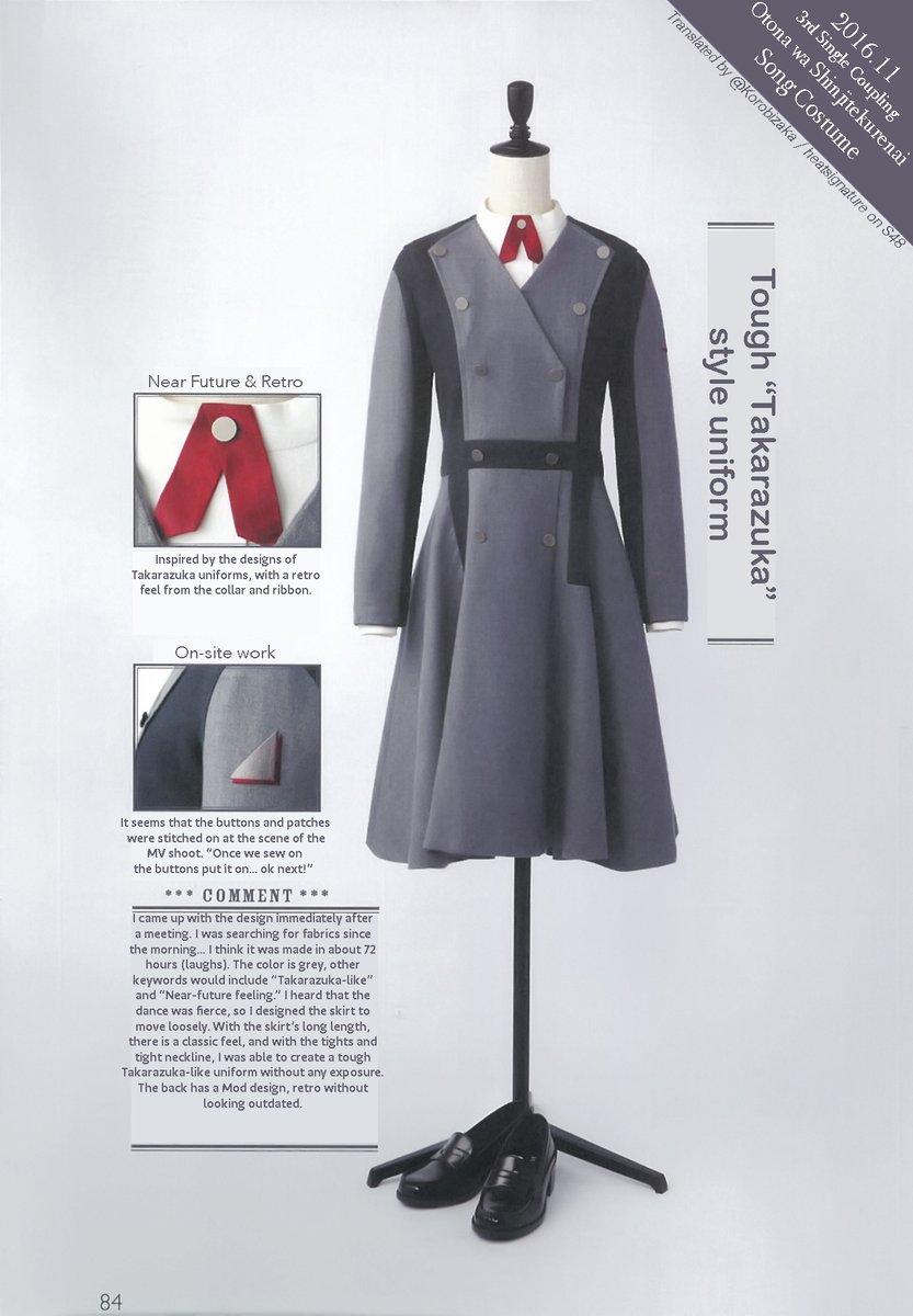 Otona wa Shinjitekurenai (2016)This grey Takarazuka uniform-inspired costume has both a futuristic, yet retro feel.[Magazine translation my own- please credit if reposting]Gallery:  https://imgur.com/a/tvYJe3J 