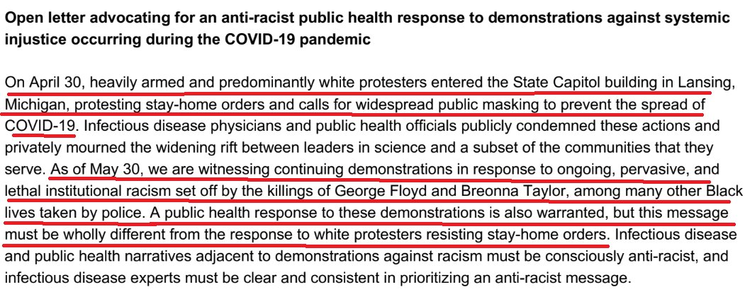 4/The letter then discusses the black lives matter protests and says a public health response to those protests is needed but it "must be wholly different from the response to white protesters resisting stay-home orders."Why treat them differently? Is it for medical reasons?