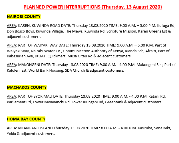 Kenya Power On Twitter Good Morning These Areas Will Be Affected By Scheduled Power Interruptions Today Bt